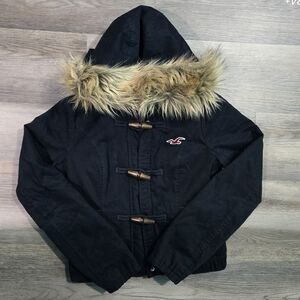 Hollister Y2K Navy Blue Sherpa Lined Duffle Parka Faux Fur Hood Small